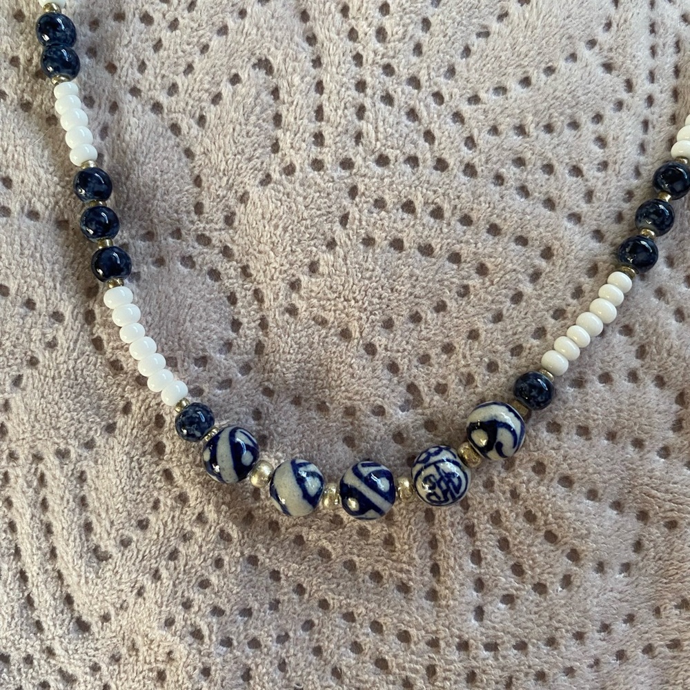 17” choker necklace ceramic and glass beads